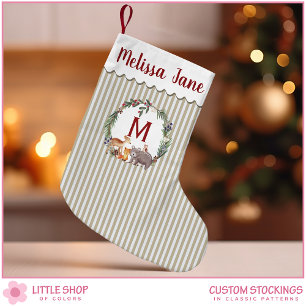 Personalised Beige Stripes Woodland Animals Small Christmas Stocking
