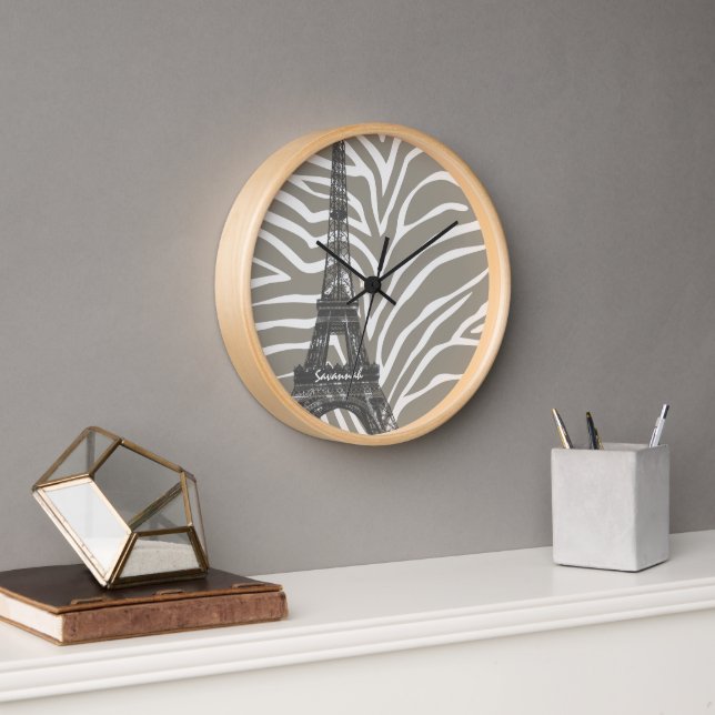 Personalised Beige Tones Zebra Eiffel Tower Clock (Office)