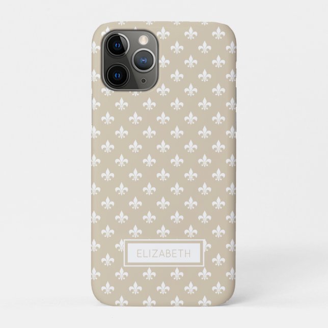 Personalised Beige White Fleur de Lis Pattern Case-Mate iPhone Case (Back)