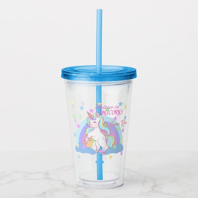 Personalised Believe In Unicorns Name Acrylic Tumbler (Front)
