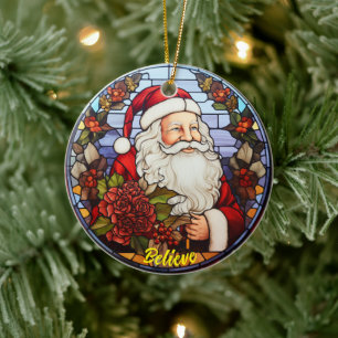 Personalised Believe Santa Church Glass Ceramic Tree Decoration