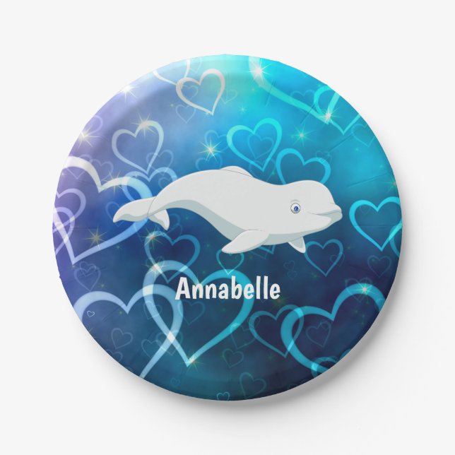 Personalised Beluga Whale and Blue Hearts Arctic Paper Plate (Front)