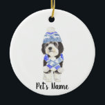 Personalised Bernedoodle Blue & White Ceramic Tree Decoration<br><div class="desc">I am in love with this beautifully detailed watercolor illustration of a grey, black, and white bernedoodle or sheepadoodle on a an ornament with a sweet little blue and white hat/scarf combo! Personalise these ornaments and make the nice list this year! For the perfect presents, pair it with a matching...</div>