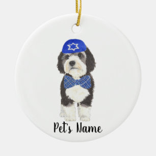 Personalised Bernedoodle Blue Yarmulke Bow Tie Ceramic Tree Decoration