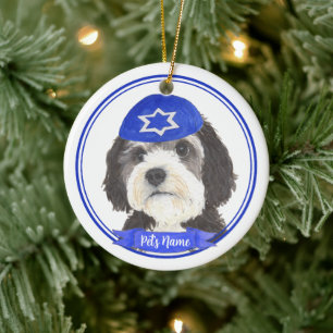 Personalised Bernedoodle Hanukkah Yarmulke Blue Ceramic Tree Decoration