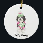 Personalised Bernedoodle Pink and Green Christmas Ceramic Tree Decoration<br><div class="desc">I am in love with this beautifully detailed watercolor illustration of a grey, black, and white bernedoodle or sheepadoodle on an ornament with a sweet little pink and green ski hat and scarf bowtie combo! Personalise these ornaments and make the nice list this year! For the perfect presents, pair it...</div>