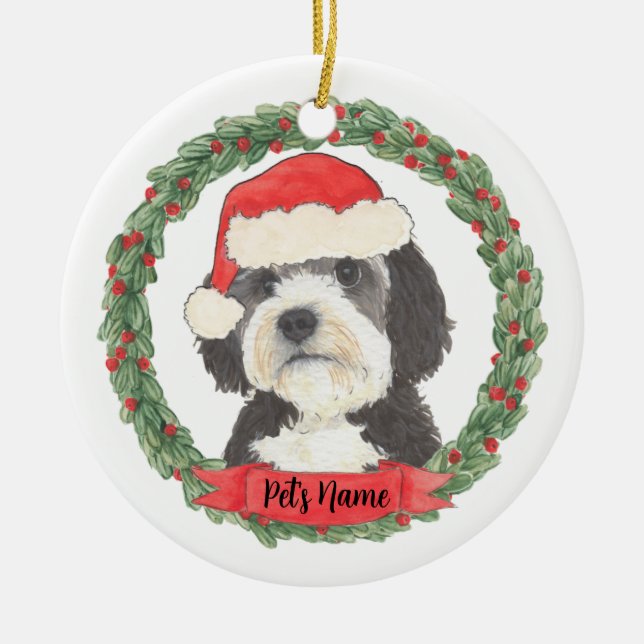 Personalised Bernedoodle Santa Hat Christmas Ceramic Tree Decoration (Front)