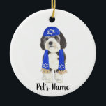 Personalised Bernedoodle Yarmulke Hanukkah Blue Ceramic Tree Decoration<br><div class="desc">I am in love with this beautifully detailed watercolor illustration of a grey, black, and white bernedoodle or sheepadoodle on a an ornament with a sweet little blue yarmulke and scarf combo! Personalise these ornaments and make the nice list this year! For the perfect presents, pair it with a matching...</div>
