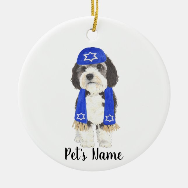 Personalised Bernedoodle Yarmulke Hanukkah Blue Ceramic Tree Decoration (Front)