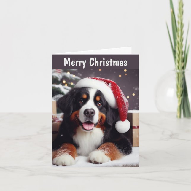 Personalised Bernese Dog Santa Hat Merry Christmas Holiday Card (Front)