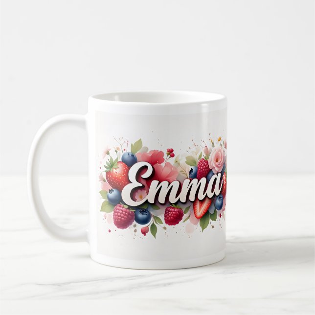 Personalised Berry Floral Name Mug – "Emma" (Left)