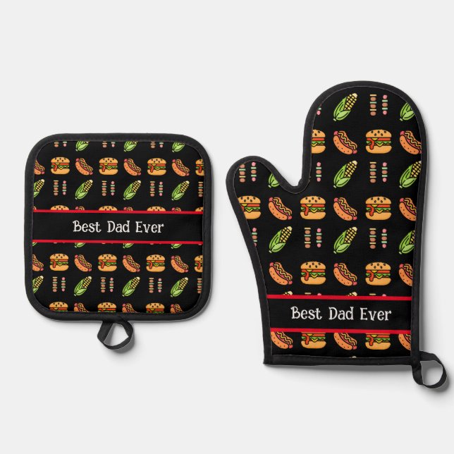 Personalised Best Dad Ever Cute Barbecue Foods Oven Mitt & Pot Holder Set (Front)