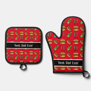 Personalised Best Dad Ever Cute Barbecue Foods Oven Mitt & Pot Holder Set