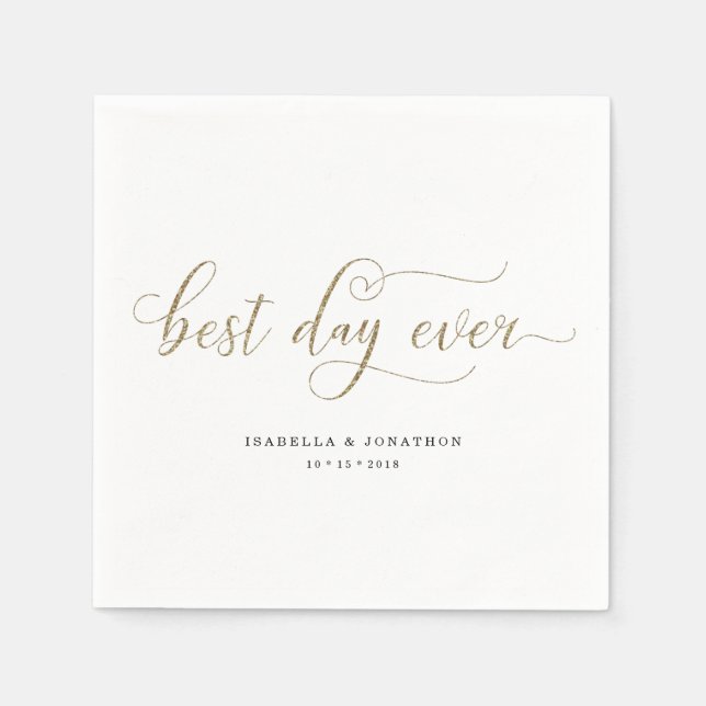 Personalised Best Day Ever Gold Glitter Wedding Napkin (Front)