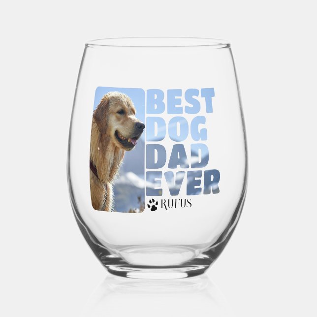 Personalised best dog dad ever stemless wine glass (Front)