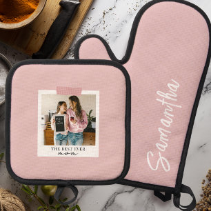 Personalised Best Ever Mum Photo Pink Oven Mitt & Pot Holder Set