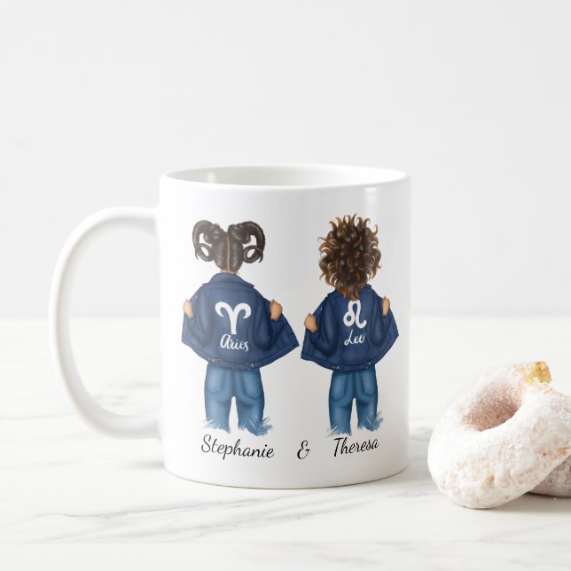 Personalised Best Friends Aries Leo Girl Jean Coffee Mug (With Donut)