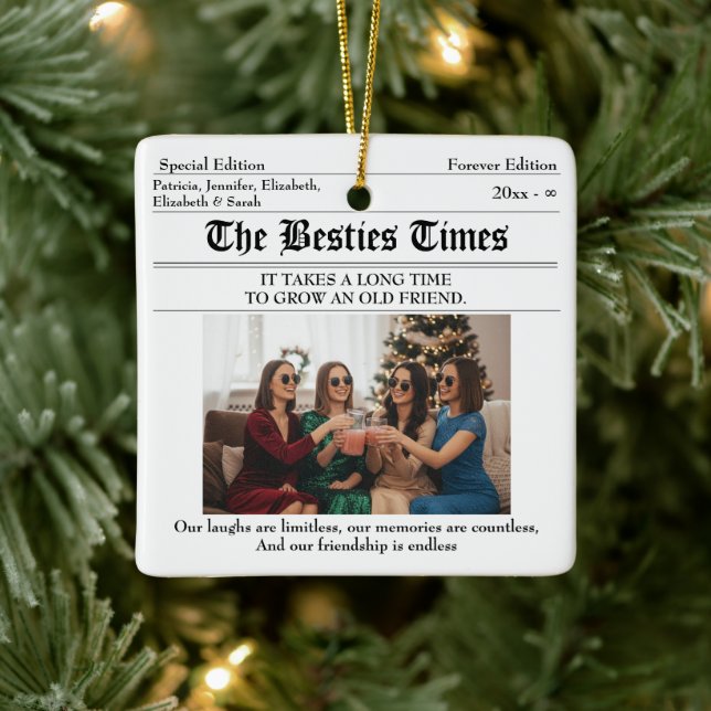 Personalised Best Friends Newspaper 2 Photo Ceramic Ornament (Tree)