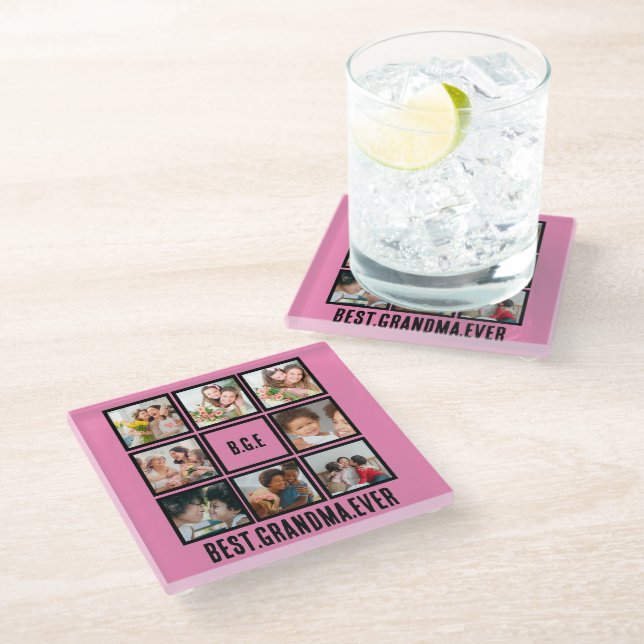 Personalised Best Grandma Ever 8 Photo Collage Glass Coaster (Angled)