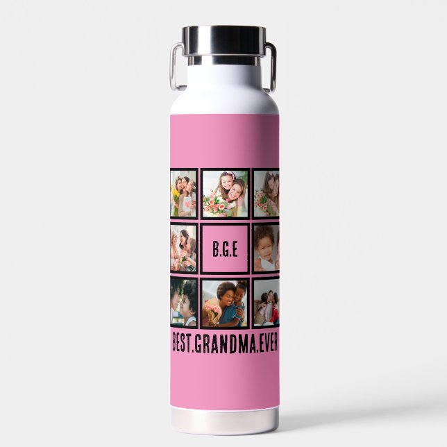 Personalised Best Grandma Ever 8 Photo Collage Water Bottle (Front)