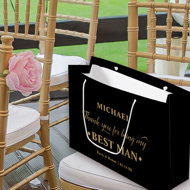 Personalised Best Man Black and Gold Thank You Large Gift Bag (Black and Gold Wedding Thank You Gift Bag for Best Man)