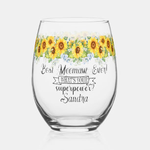 Personalised Best Meemaw Ever... Sunflower Stemless Wine Glass