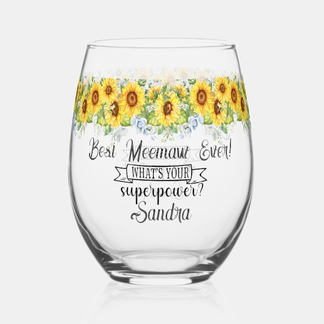 Personalised Best Meemaw Ever... Sunflower  Stemless Wine Glass (Back)