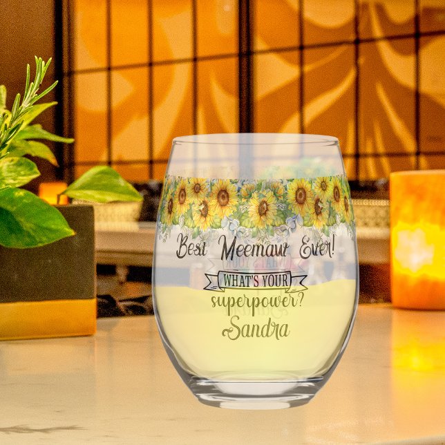 Personalised Best Meemaw Ever... Sunflower  Stemless Wine Glass (Creator Uploaded)