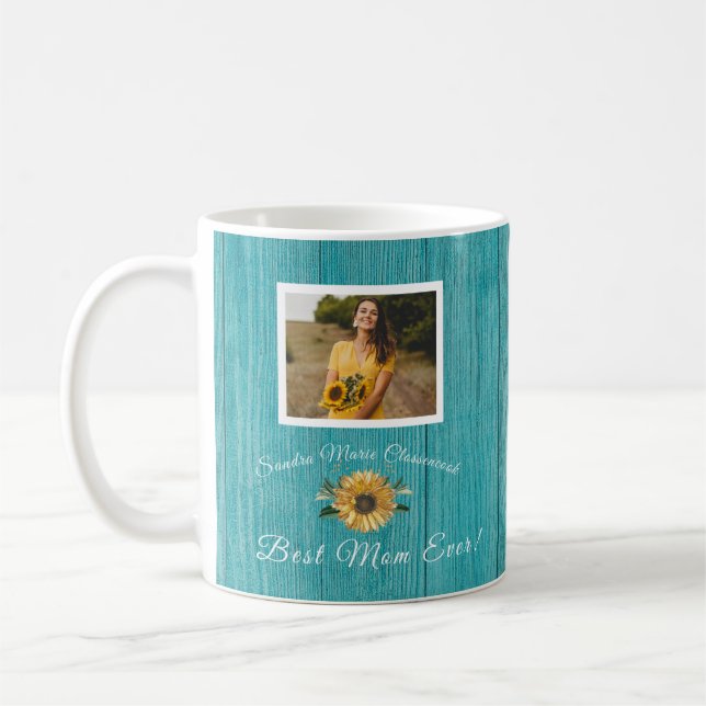 Personalised Best Mother Mum | Sunflower Teal  Coffee Mug (Left)