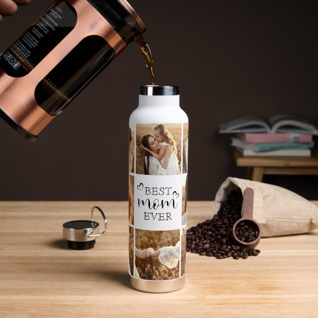Personalised Best Mum Ever 8-Photo Collage Elegant Water Bottle (Coffee)