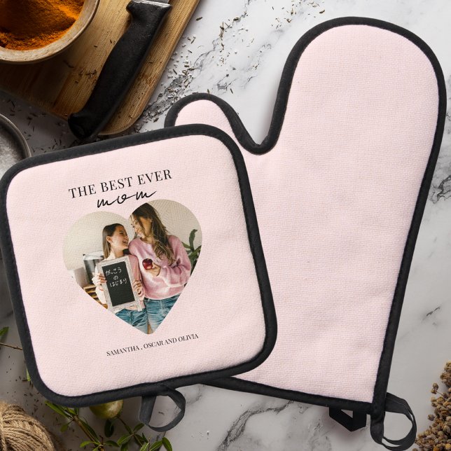 Personalised Best Mum Ever Heart Photo Oven Mitt & Pot Holder Set (Creator Uploaded)