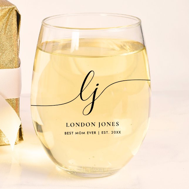 Personalised Best Mum Ever Script Monogram Initial Stemless Wine Glass (Creator Uploaded)