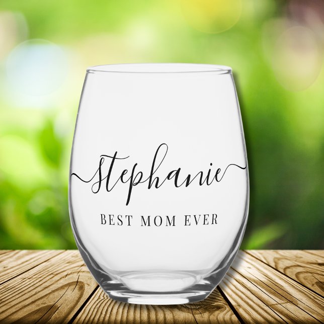 Personalised Best Mum Ever Script Monogram Stemless Wine Glass (Creator Uploaded)