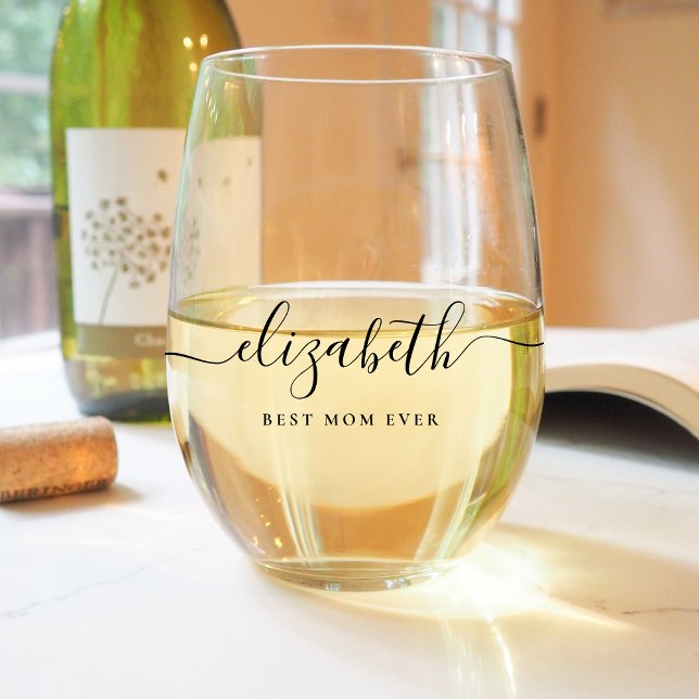 Personalised Best Mum Ever Script Monogram Stemless Wine Glass (Creator Uploaded)