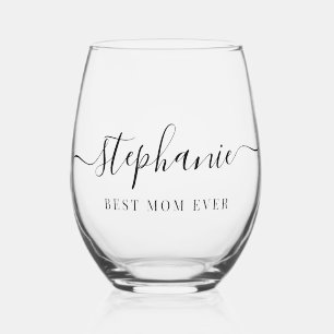 Personalised Best Mum Ever Script Monogram Stemless Wine Glass
