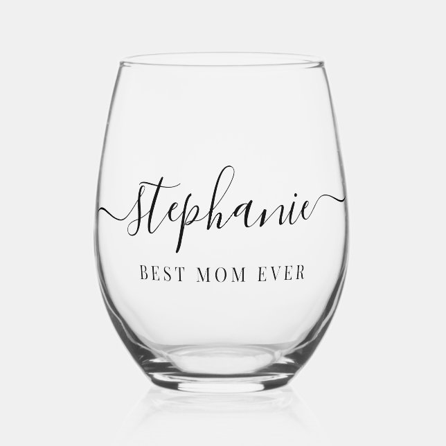 Personalised Best Mum Ever Script Monogram Stemless Wine Glass (Front)