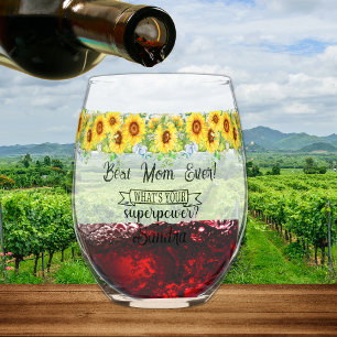 Personalised Best Mum Ever... Sunflower Stemless Wine Glass