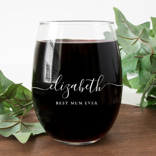 Personalised Best Mum Ever White Script Monogram Stemless Wine Glass