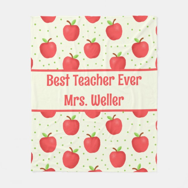 Personalised "Best Teacher Ever" Apple Pattern Fleece Blanket (Front)