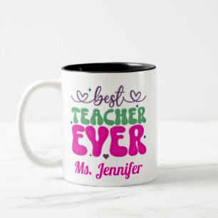 Personalised Best Teacher Ever pink green script Two-Tone Coffee Mug