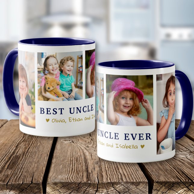 Personalised Best Uncle Ever 4 Photo Blue Gold  Mug (Creator Uploaded)