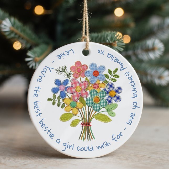 Personalised Bestie Patchwork Flowers Gift Ceramic Tree Decoration (Creator Uploaded)