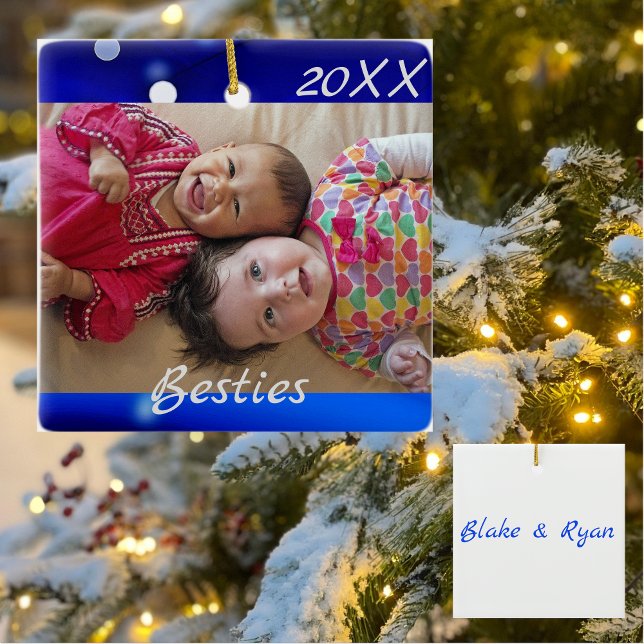 Personalised 'Besties' Blue Holiday Ceramic Ornament (Creator Uploaded)