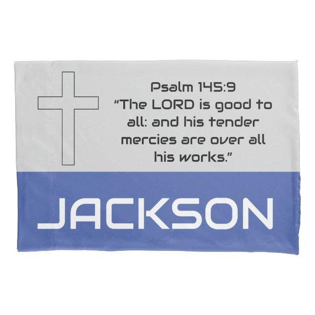 Personalised Bible Verse Blue Grey Boys Pillowcase (Front)