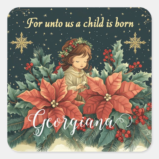 Personalised Biblical Nativity Child & Verse Square Sticker (Front)