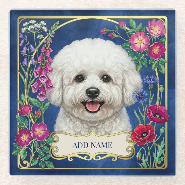 Personalised Bichon Frise Blue Floral Coaster (Front)