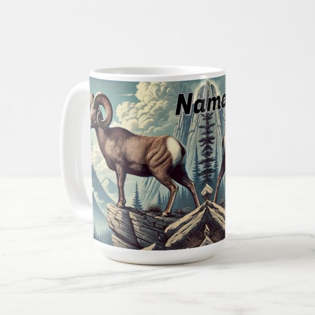 Personalised Bighorn Sheep on a Rocky Outcrop Coffee Mug (Front Left)