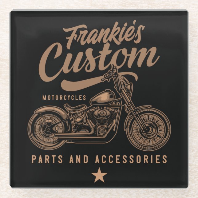 Personalised Biker Custom Bobber Motorcycle Garage Glass Coaster (Front)