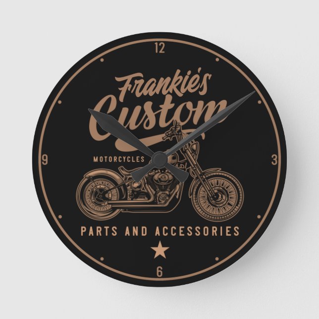 Personalised Biker Custom Bobber Motorcycle Garage Round Clock (Front)