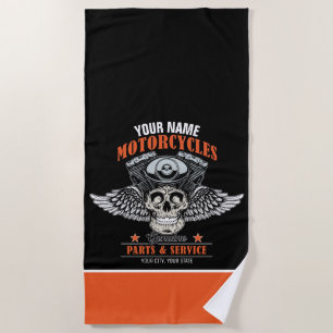 Personalised Biker Flying Skull Motorcycle Shop Beach Towel